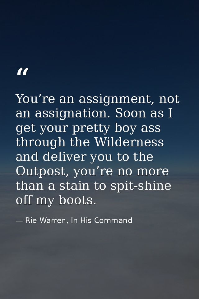 You’re an assignment, not an assignation. Soon as I get your pretty boy ass through the Wilderness and deliver you to th — Rie Warren, In His Command