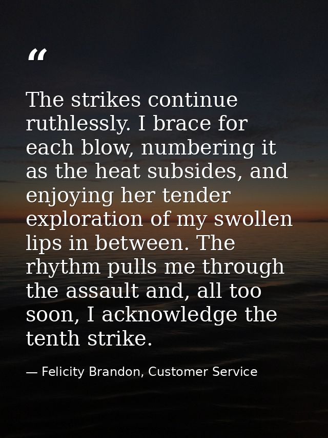 The strikes continue ruthlessly. I brace for each blow, numbering it as the heat subsides, and enjoying her tender explo — Felicity Brandon, Customer Service