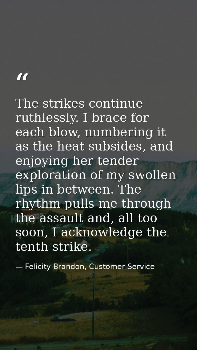 The strikes continue ruthlessly. I brace for each blow, numbering it as the heat subsides, and enjoying her tender explo — Felicity Brandon, Customer Service