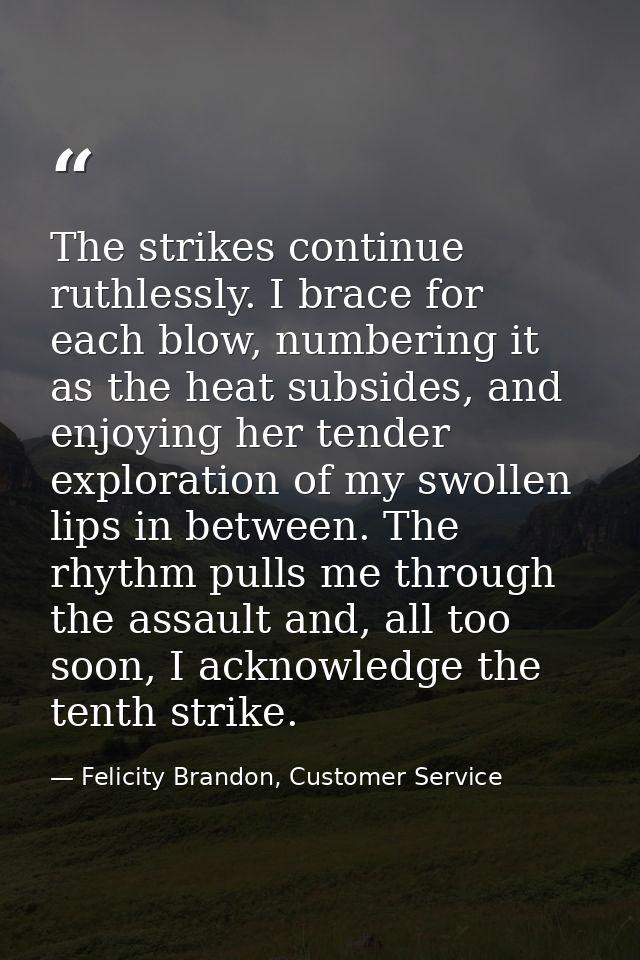 The strikes continue ruthlessly. I brace for each blow, numbering it as the heat subsides, and enjoying her tender explo — Felicity Brandon, Customer Service