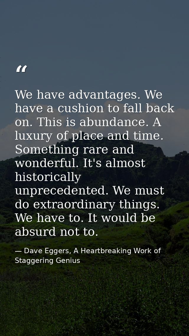 We have advantages. We have a cushion to fall back on. This is abundance. A luxury of place and time. Something rare and — Dave Eggers, A Heartbreaking Work of Staggering Genius