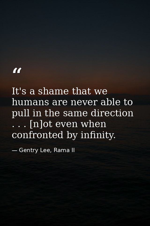 It's a shame that we humans are never able to pull in the same direction . . . [n]ot even when confronted by infinity. — Gentry Lee, Rama II