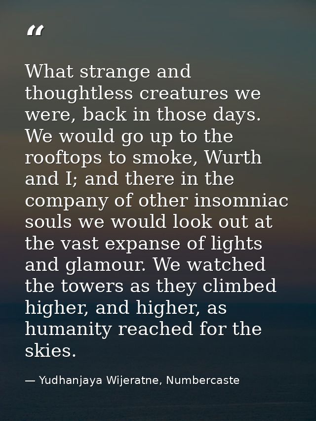 What strange and thoughtless creatures we were, back in those days. We would go up to the rooftops to smoke, Wurth and I — Yudhanjaya Wijeratne, Numbercaste