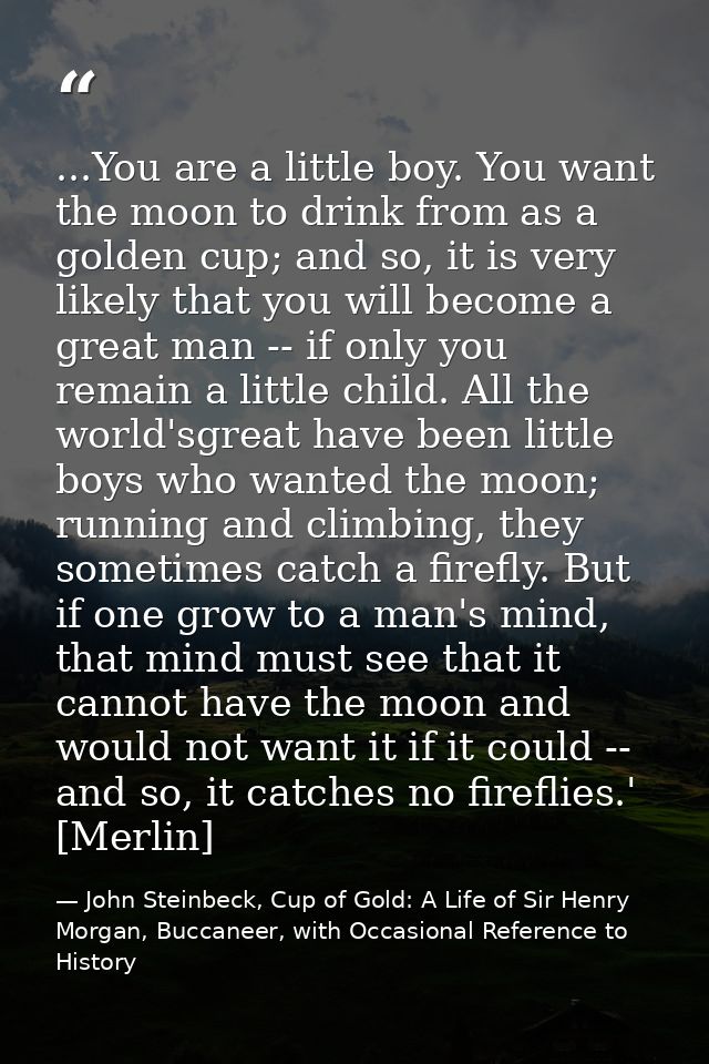 ...You are a little boy. You want the moon to drink from as a golden cup; and so, it is very likely that you will become — John Steinbeck, Cup of Gold: A Life of Sir Henry Morgan, Buccaneer, with Occasional Reference to History