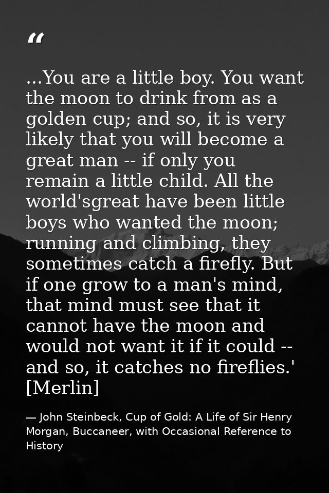 ...You are a little boy. You want the moon to drink from as a golden cup; and so, it is very likely that you will become — John Steinbeck, Cup of Gold: A Life of Sir Henry Morgan, Buccaneer, with Occasional Reference to History