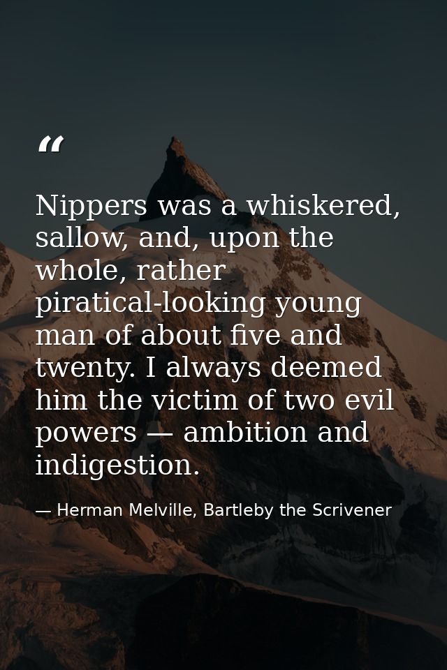Nippers was a whiskered, sallow, and, upon the whole, rather piratical-looking young man of about five and twenty. I alw — Herman Melville, Bartleby the Scrivener