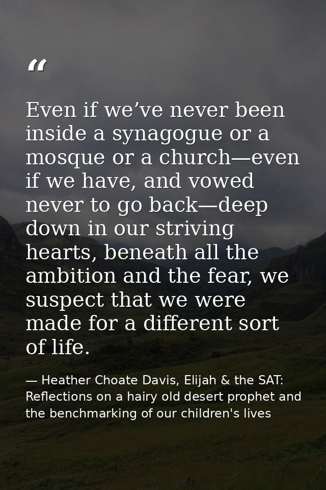Even if we’ve never been inside a synagogue or a mosque or a church—even if we have, and vowed never to go back—deep dow — Heather Choate Davis, Elijah & the SAT: Reflections on a hairy old desert prophet and the benchmarking of our children's lives