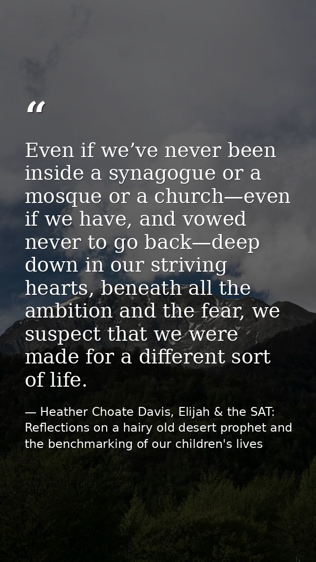 Even if we’ve never been inside a synagogue or a mosque or a church—even if we have, and vowed never to go back—deep dow — Heather Choate Davis, Elijah & the SAT: Reflections on a hairy old desert prophet and the benchmarking of our children's lives