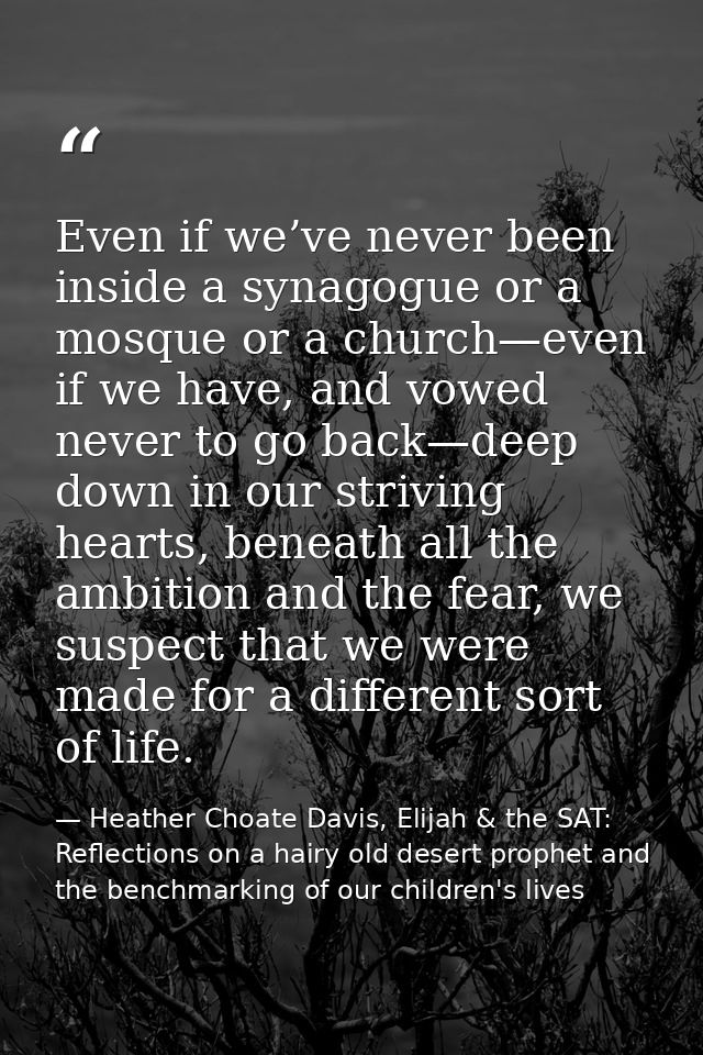 Even if we’ve never been inside a synagogue or a mosque or a church—even if we have, and vowed never to go back—deep dow — Heather Choate Davis, Elijah & the SAT: Reflections on a hairy old desert prophet and the benchmarking of our children's lives