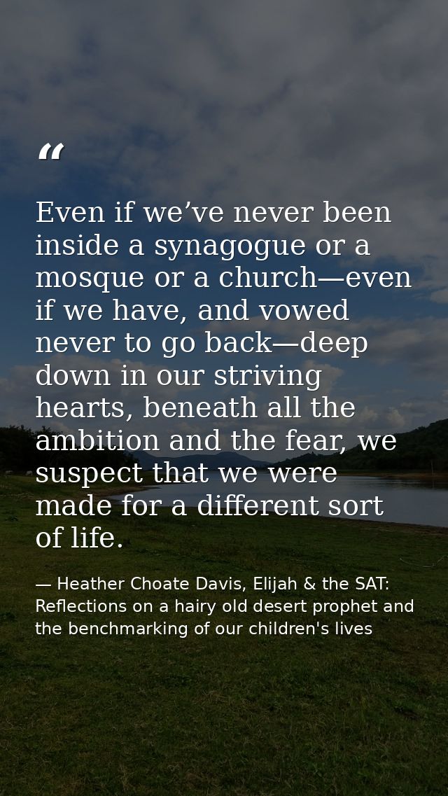 Even if we’ve never been inside a synagogue or a mosque or a church—even if we have, and vowed never to go back—deep dow — Heather Choate Davis, Elijah & the SAT: Reflections on a hairy old desert prophet and the benchmarking of our children's lives