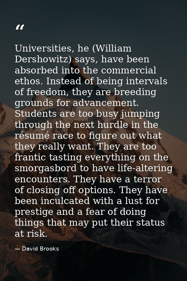 Universities, he (William Dershowitz) says, have been absorbed into the commercial ethos. Instead of being intervals of  — David Brooks