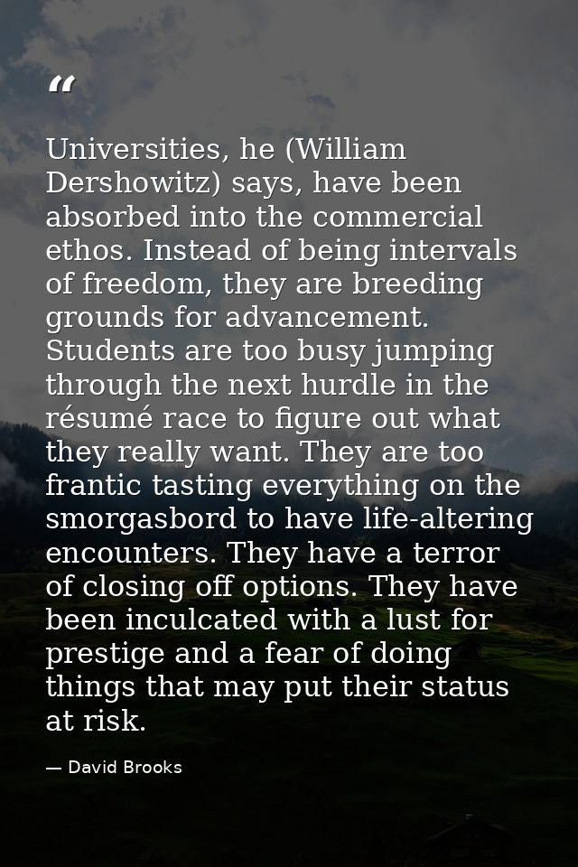 Universities, he (William Dershowitz) says, have been absorbed into the commercial ethos. Instead of being intervals of  — David Brooks