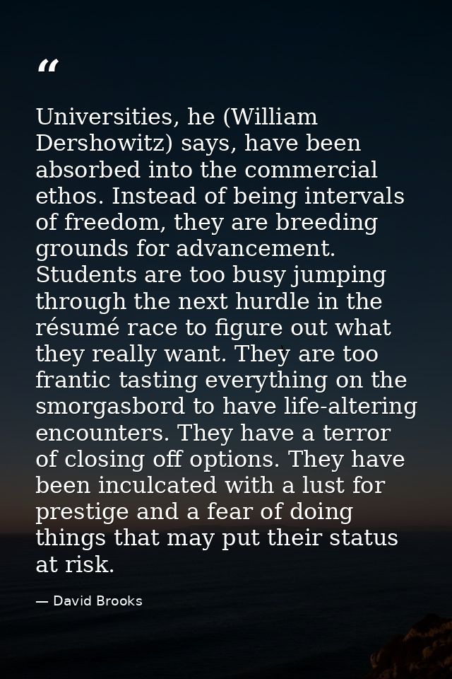 Universities, he (William Dershowitz) says, have been absorbed into the commercial ethos. Instead of being intervals of  — David Brooks