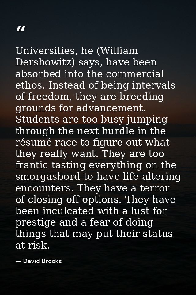 Universities, he (William Dershowitz) says, have been absorbed into the commercial ethos. Instead of being intervals of  — David Brooks