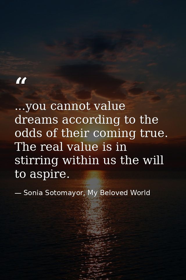 ...you cannot value dreams according to the odds of their coming true. The real value is in stirring within us the will  — Sonia Sotomayor, My Beloved World