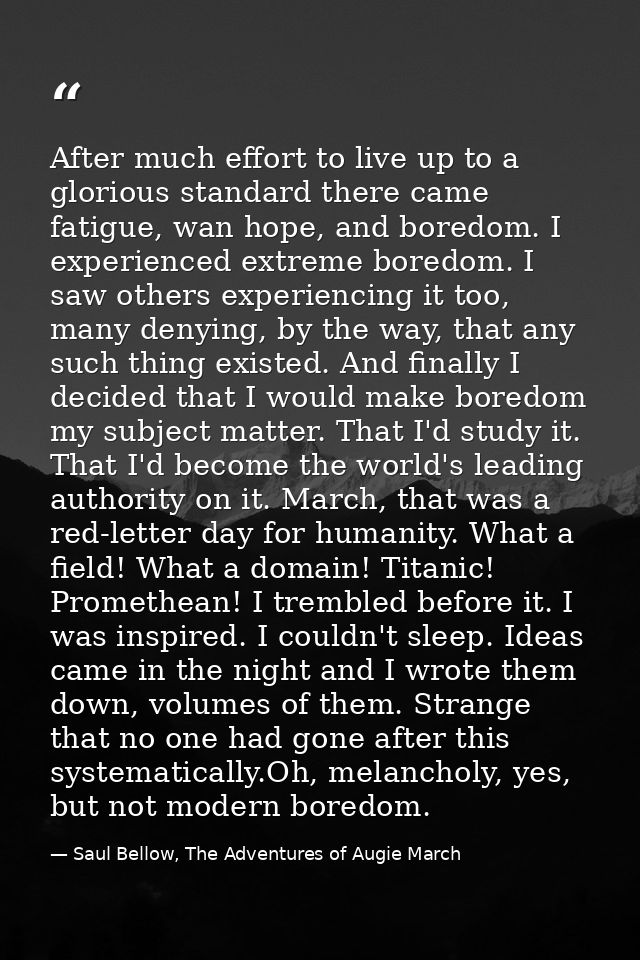 After much effort to live up to a glorious standard there came fatigue, wan hope, and boredom. I experienced extreme bor — Saul Bellow, The Adventures of Augie March