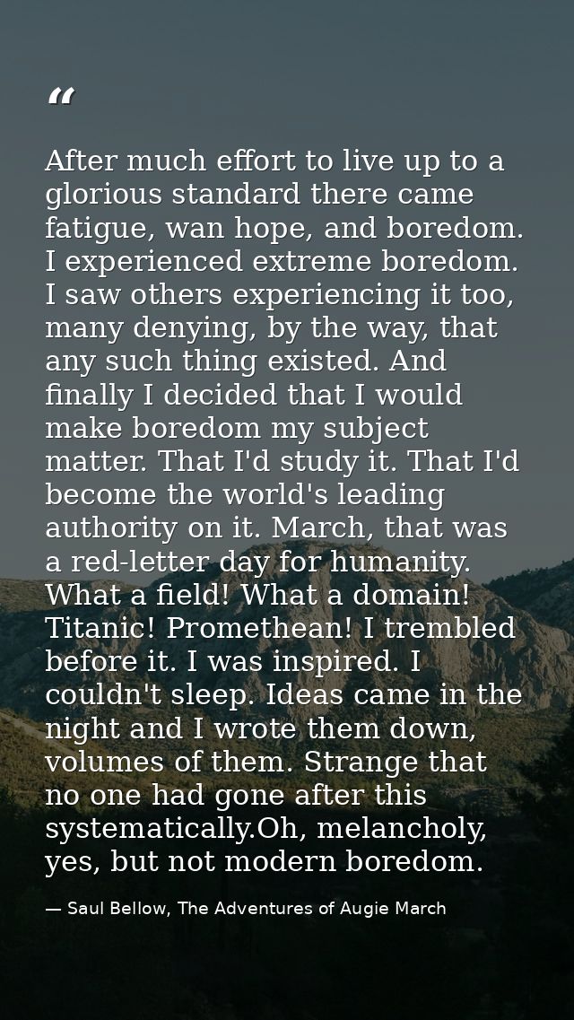 After much effort to live up to a glorious standard there came fatigue, wan hope, and boredom. I experienced extreme bor — Saul Bellow, The Adventures of Augie March