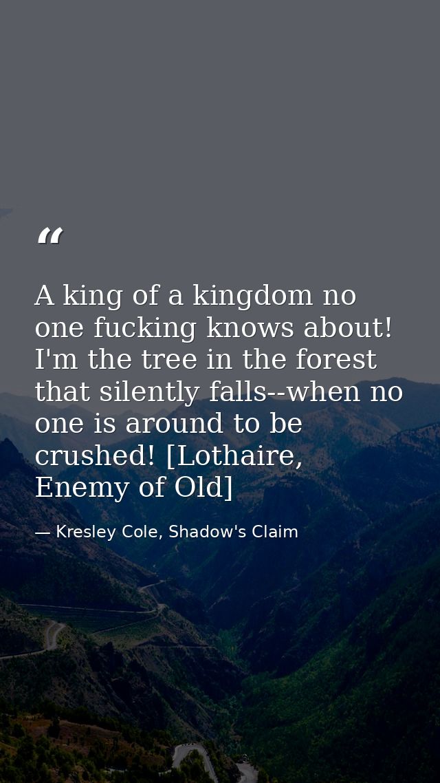A king of a kingdom no one fucking knows about! I'm the tree in the forest that silently falls--when no one is around to — Kresley Cole, Shadow's Claim