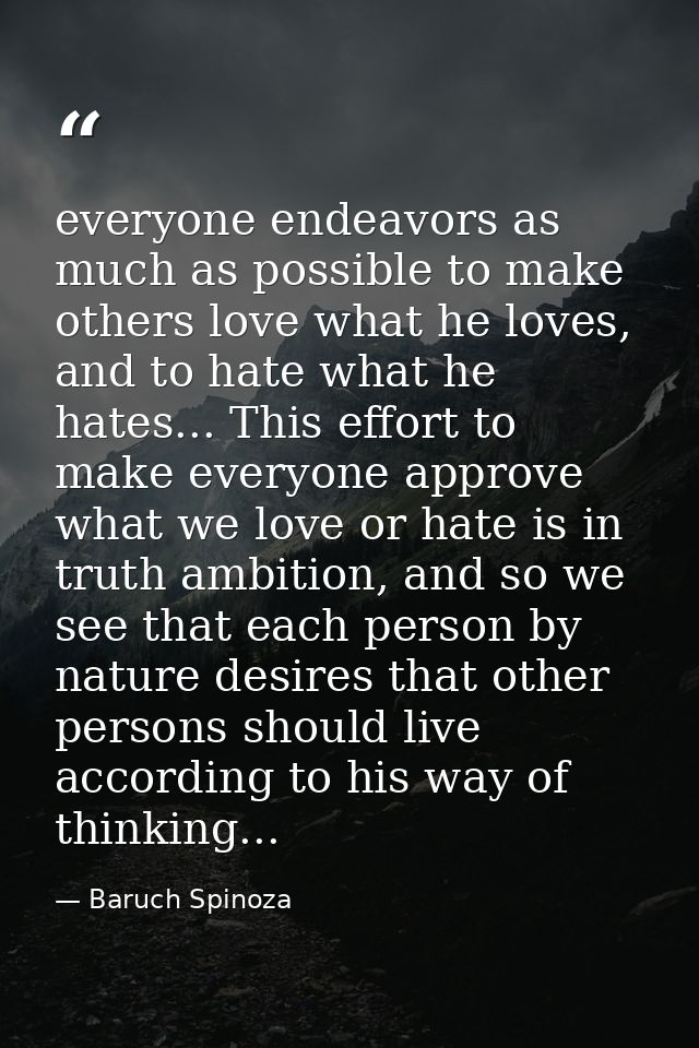 everyone endeavors as much as possible to make others love what he loves, and to hate what he hates... This effort to ma — Baruch Spinoza