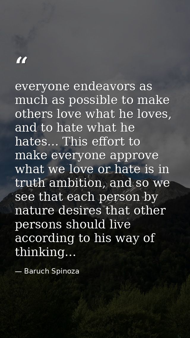 everyone endeavors as much as possible to make others love what he loves, and to hate what he hates... This effort to ma — Baruch Spinoza