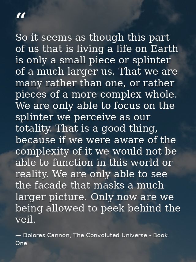 So it seems as though this part of us that is living a life on Earth is only a small piece or splinter of a much larger  — Dolores Cannon, The Convoluted Universe - Book One