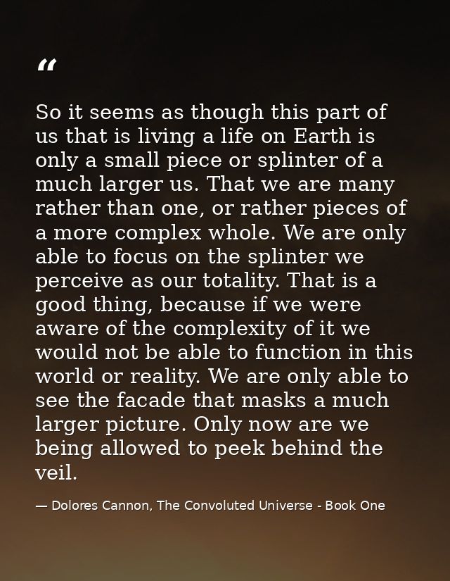 So it seems as though this part of us that is living a life on Earth is only a small piece or splinter of a much larger  — Dolores Cannon, The Convoluted Universe - Book One