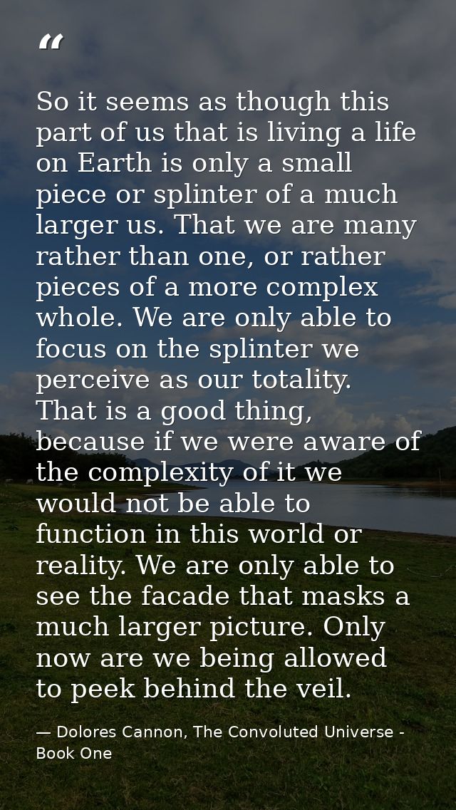So it seems as though this part of us that is living a life on Earth is only a small piece or splinter of a much larger  — Dolores Cannon, The Convoluted Universe - Book One