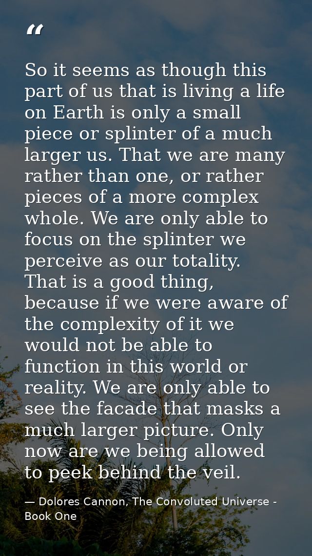 So it seems as though this part of us that is living a life on Earth is only a small piece or splinter of a much larger  — Dolores Cannon, The Convoluted Universe - Book One