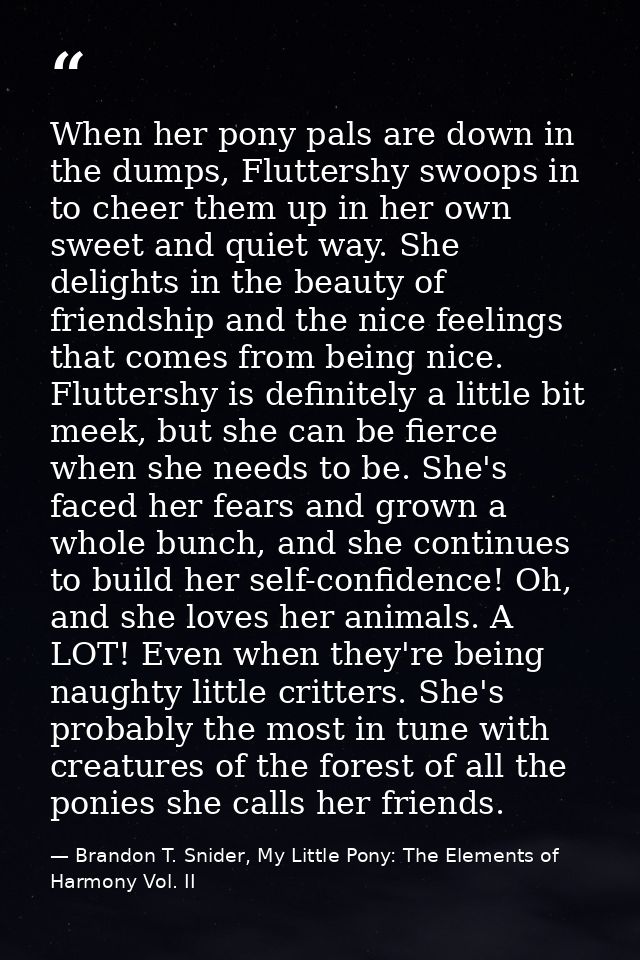 When her pony pals are down in the dumps, Fluttershy swoops in to cheer them up in her own sweet and quiet way. She deli — Brandon T. Snider, My Little Pony: The Elements of Harmony Vol. II