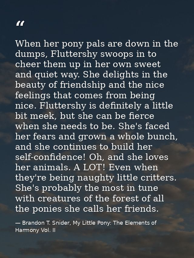When her pony pals are down in the dumps, Fluttershy swoops in to cheer them up in her own sweet and quiet way. She deli — Brandon T. Snider, My Little Pony: The Elements of Harmony Vol. II