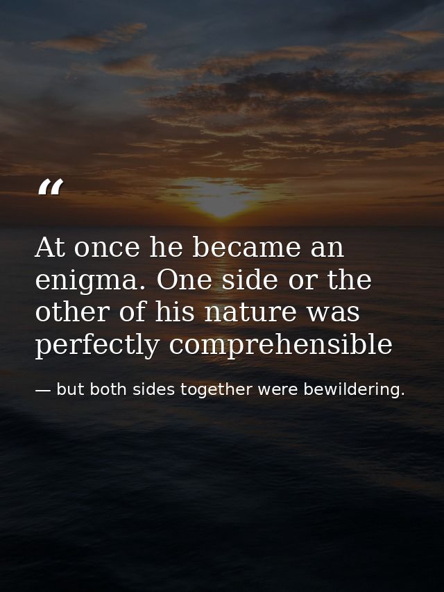 At once he became an enigma. One side or the other of his nature was perfectly comprehensible — but both sides together were bewildering.