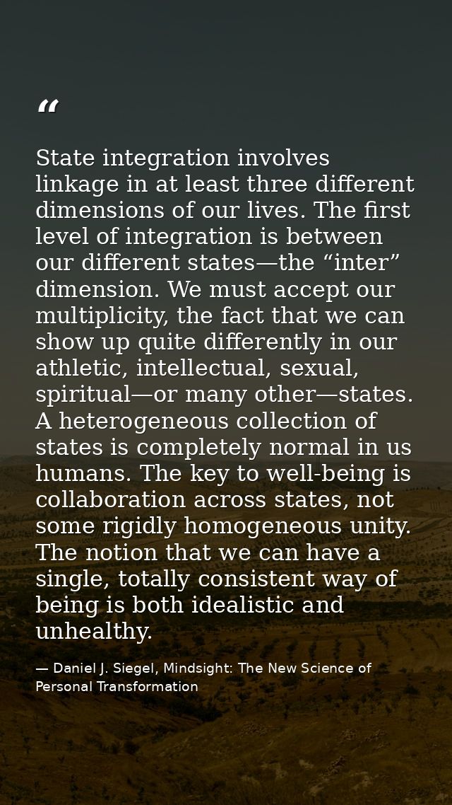 State integration involves linkage in at least three different dimensions of our lives. The first level of integration i — Daniel J. Siegel, Mindsight: The New Science of Personal Transformation