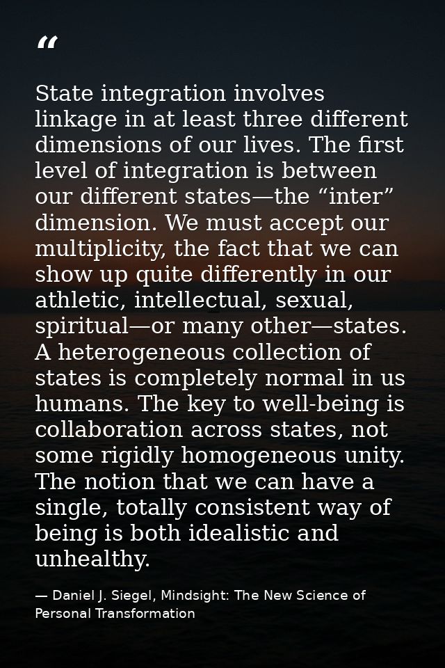 State integration involves linkage in at least three different dimensions of our lives. The first level of integration i — Daniel J. Siegel, Mindsight: The New Science of Personal Transformation