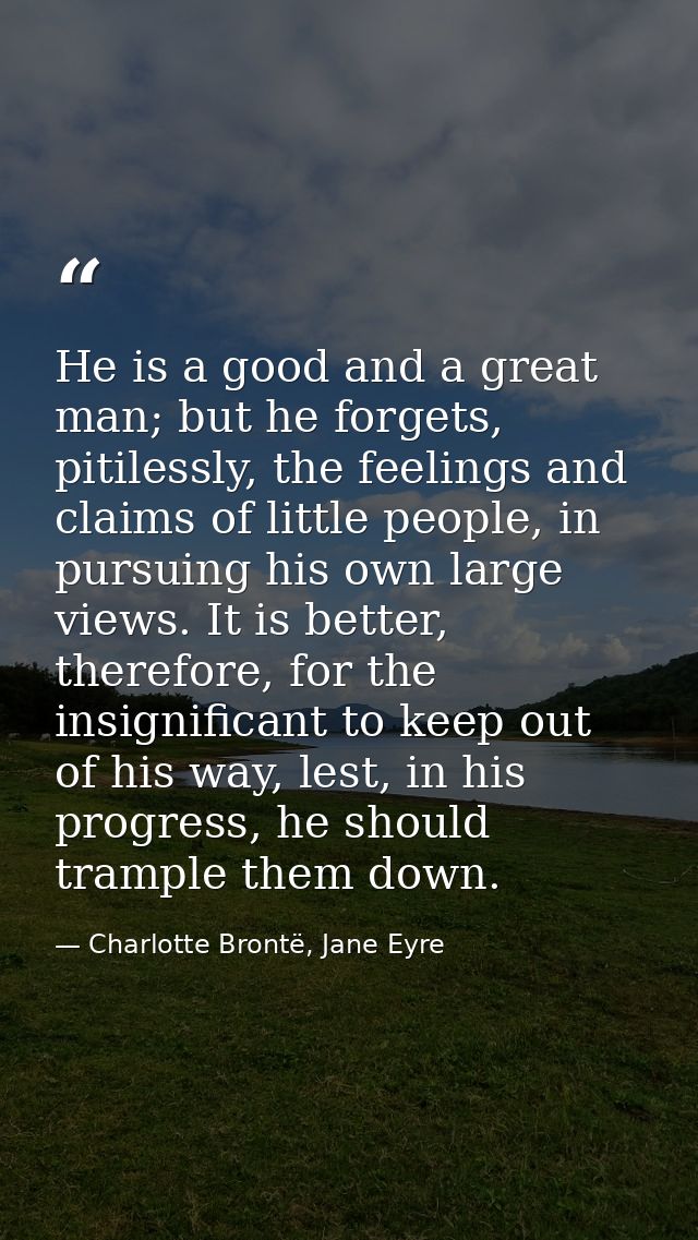 He is a good and a great man; but he forgets, pitilessly, the feelings and claims of little people, in pursuing his own  — Charlotte Brontë, Jane Eyre