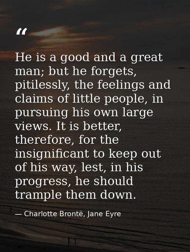 He is a good and a great man; but he forgets, pitilessly, the feelings and claims of little people, in pursuing his own  — Charlotte Brontë, Jane Eyre
