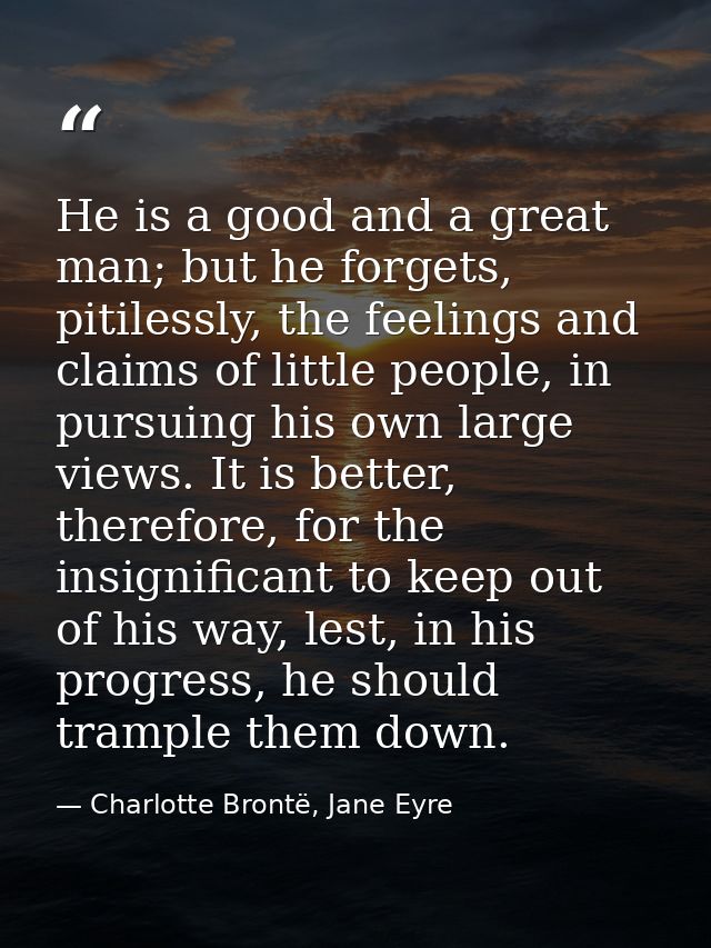 He is a good and a great man; but he forgets, pitilessly, the feelings and claims of little people, in pursuing his own  — Charlotte Brontë, Jane Eyre