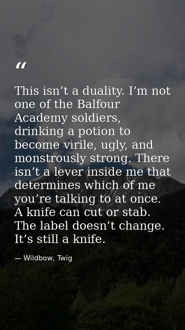 This isn’t a duality. I’m not one of the Balfour Academy soldiers, drinking a potion to become virile, ugly, and monstro — Wildbow, Twig