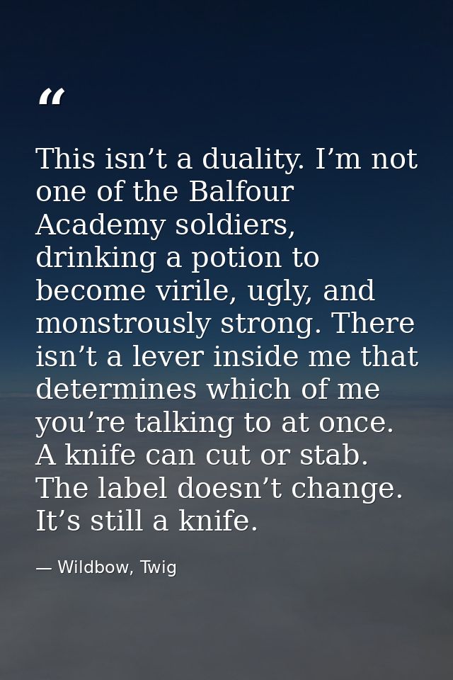 This isn’t a duality. I’m not one of the Balfour Academy soldiers, drinking a potion to become virile, ugly, and monstro — Wildbow, Twig