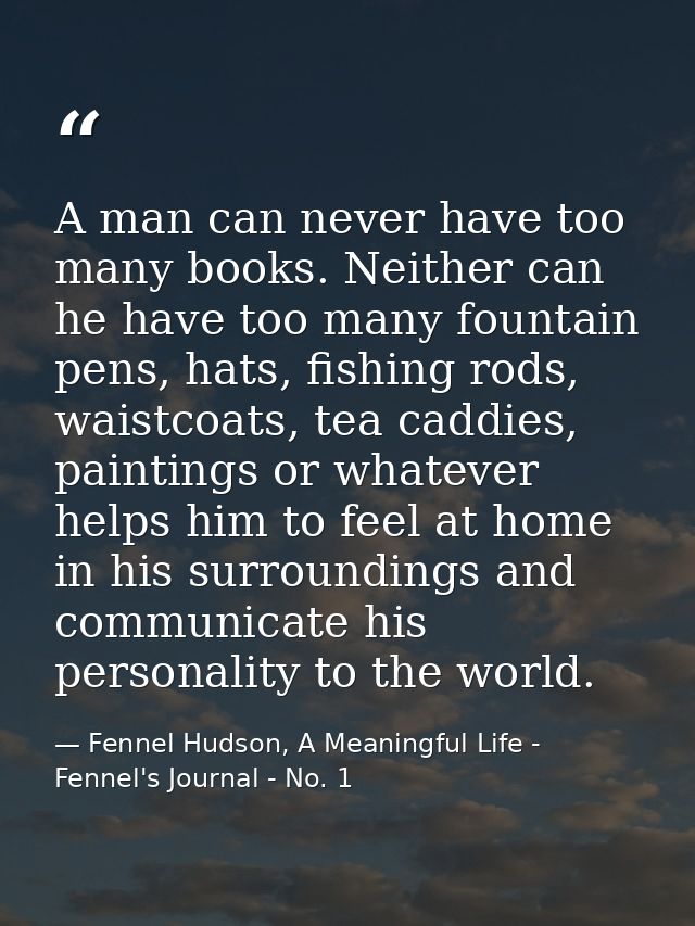 A man can never have too many books. Neither can he have too many fountain pens, hats, fishing rods, waistcoats, tea cad — Fennel Hudson, A Meaningful Life - Fennel's Journal - No. 1