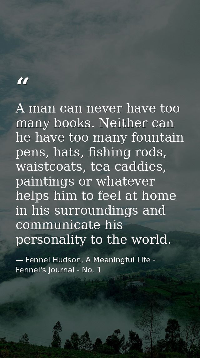 A man can never have too many books. Neither can he have too many fountain pens, hats, fishing rods, waistcoats, tea cad — Fennel Hudson, A Meaningful Life - Fennel's Journal - No. 1