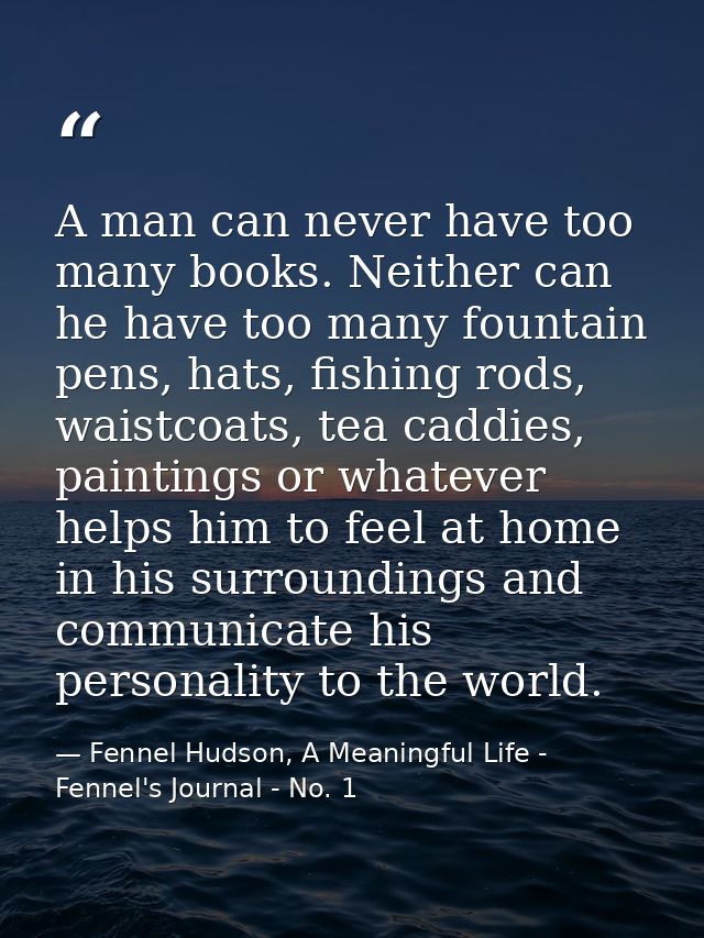 A man can never have too many books. Neither can he have too many fountain pens, hats, fishing rods, waistcoats, tea cad — Fennel Hudson, A Meaningful Life - Fennel's Journal - No. 1