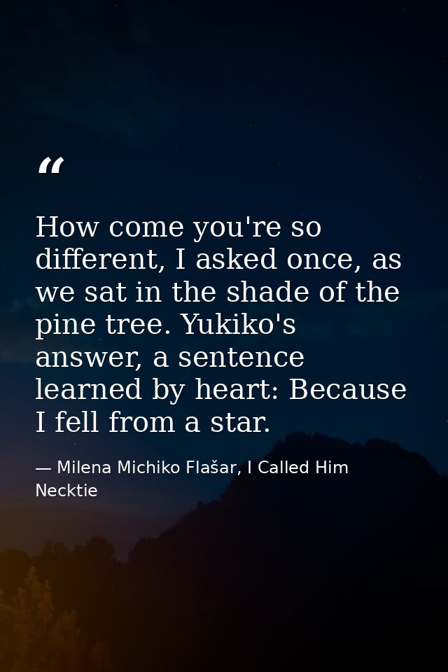 How come you're so different, I asked once, as we sat in the shade of the pine tree. Yukiko's answer, a sentence learned — Milena Michiko Flašar, I Called Him Necktie