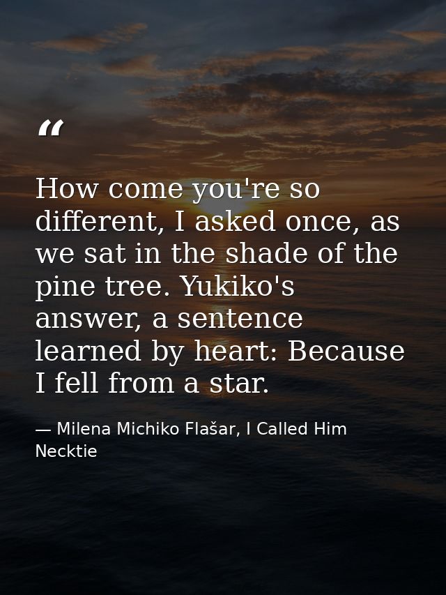 How come you're so different, I asked once, as we sat in the shade of the pine tree. Yukiko's answer, a sentence learned — Milena Michiko Flašar, I Called Him Necktie