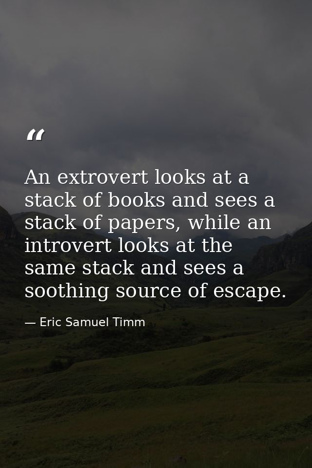An extrovert looks at a stack of books and sees a stack of papers, while an introvert looks at the same stack and sees a — Eric Samuel Timm