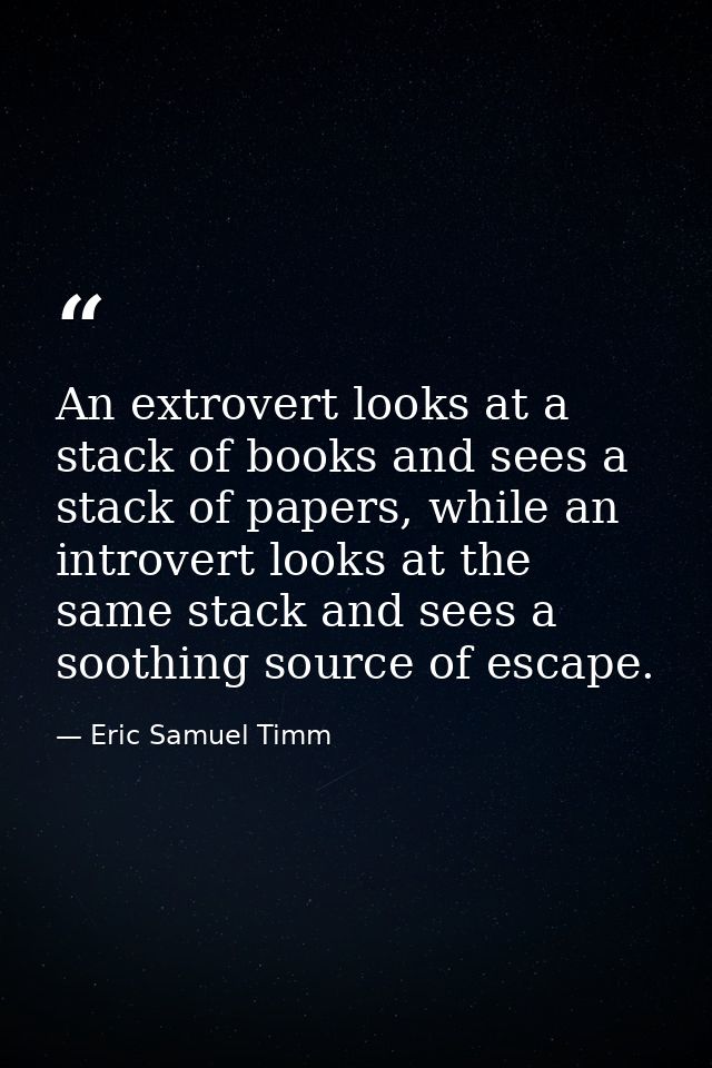 An extrovert looks at a stack of books and sees a stack of papers, while an introvert looks at the same stack and sees a — Eric Samuel Timm