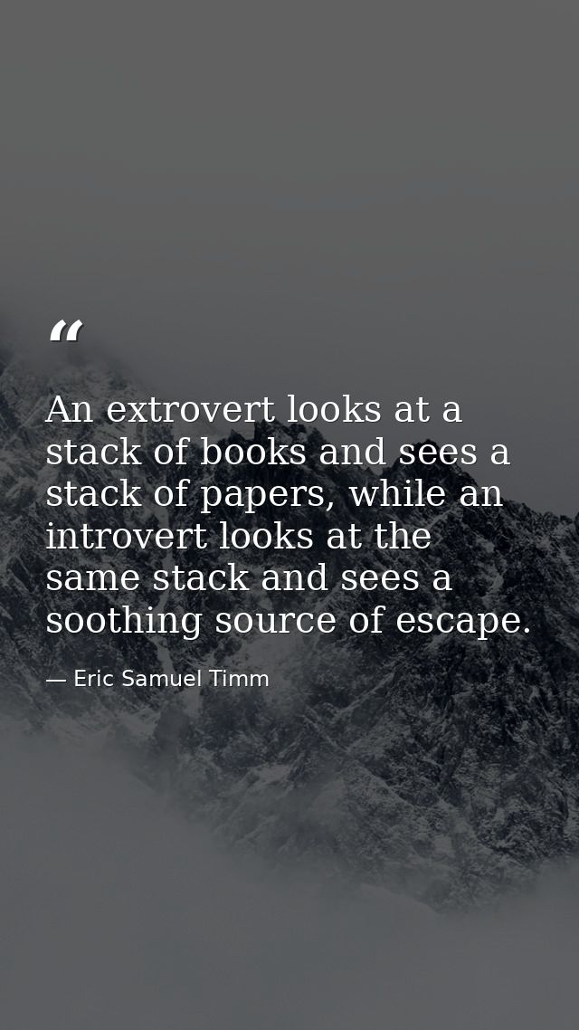 An extrovert looks at a stack of books and sees a stack of papers, while an introvert looks at the same stack and sees a — Eric Samuel Timm