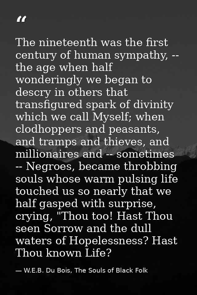 The nineteenth was the first century of human sympathy, -- the age when half wonderingly we began to descry in others th — W.E.B. Du Bois, The Souls of Black Folk