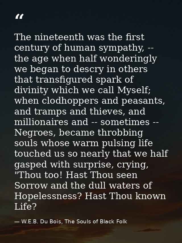 The nineteenth was the first century of human sympathy, -- the age when half wonderingly we began to descry in others th — W.E.B. Du Bois, The Souls of Black Folk