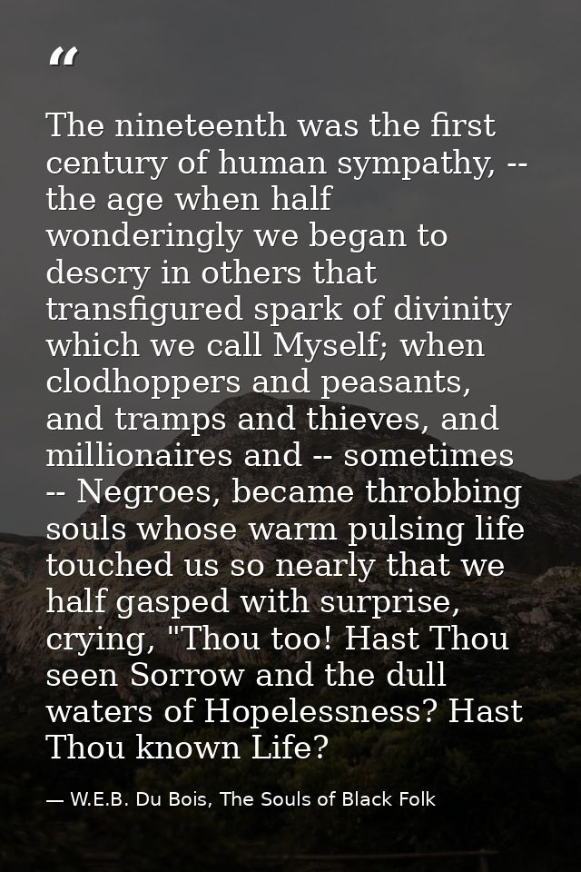The nineteenth was the first century of human sympathy, -- the age when half wonderingly we began to descry in others th — W.E.B. Du Bois, The Souls of Black Folk