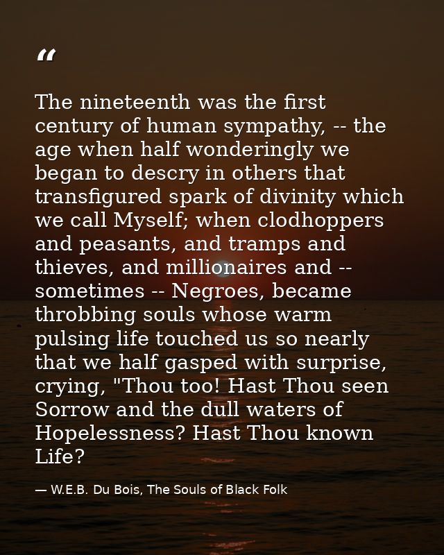 The nineteenth was the first century of human sympathy, -- the age when half wonderingly we began to descry in others th — W.E.B. Du Bois, The Souls of Black Folk